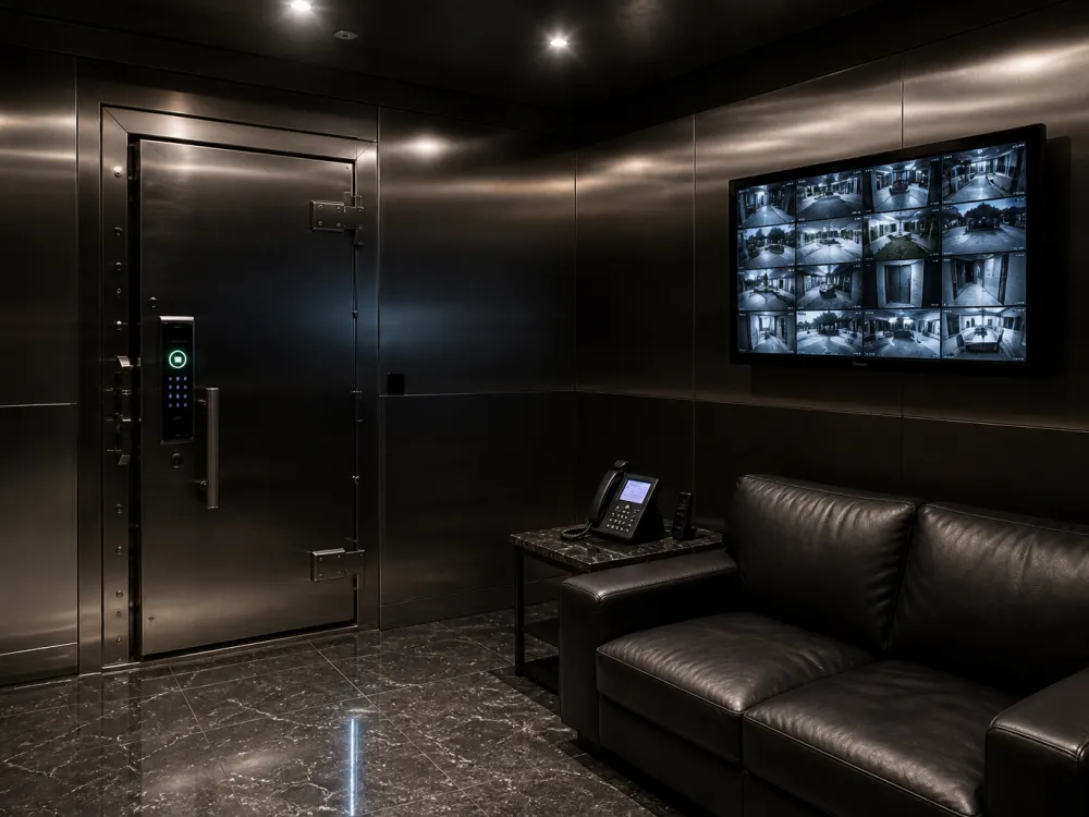 Madonna-style $2M ultra-secure celebrity panic room with thick polished steel-clad walls, vault door, and biometric scanner