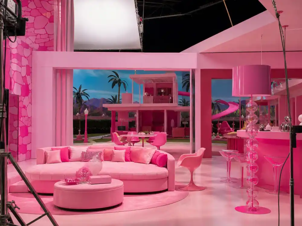 Pink Barbie dreamhouse movie set decoration produced by Margot Robbie and Tom Ackerley
