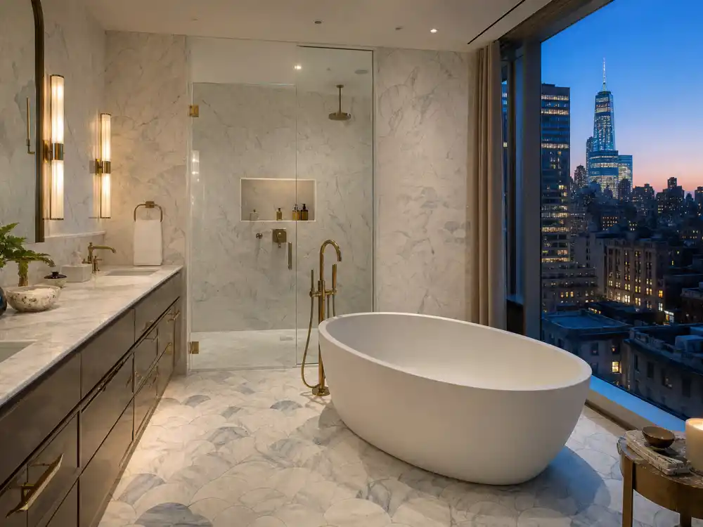 Marble bathroom with skyline view typical of the Mariah Carey Tribeca penthouse interior