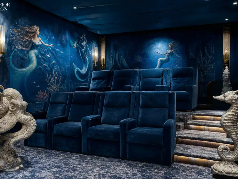 Aquarium-walled mermaid screening room of the kind featured inside the Mariah Carey Tribeca penthouse