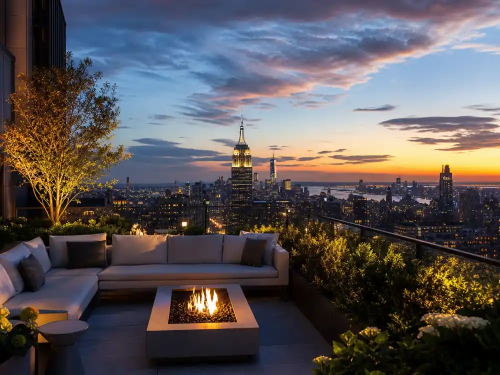 Rooftop terrace with NYC skyline at the kind of building housing the Mariah Carey Tribeca penthouse