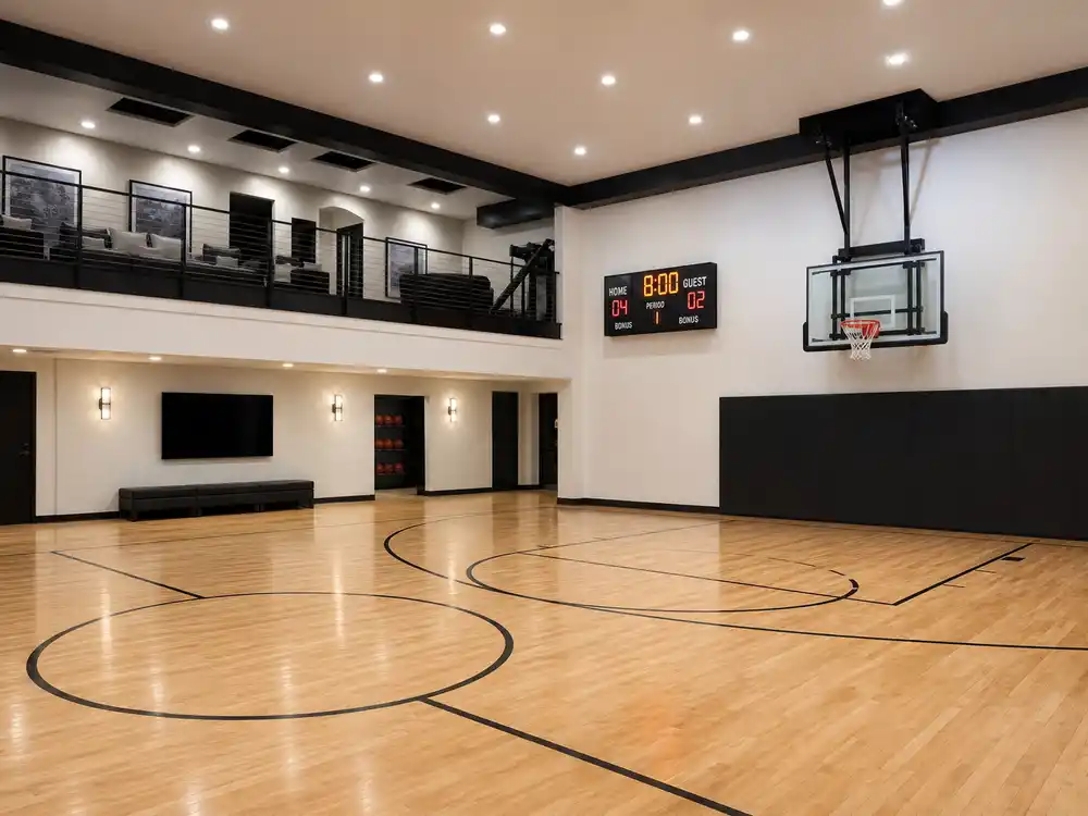 Mark Wahlberg house Florida regulation basketball court with stadium lighting at twilight