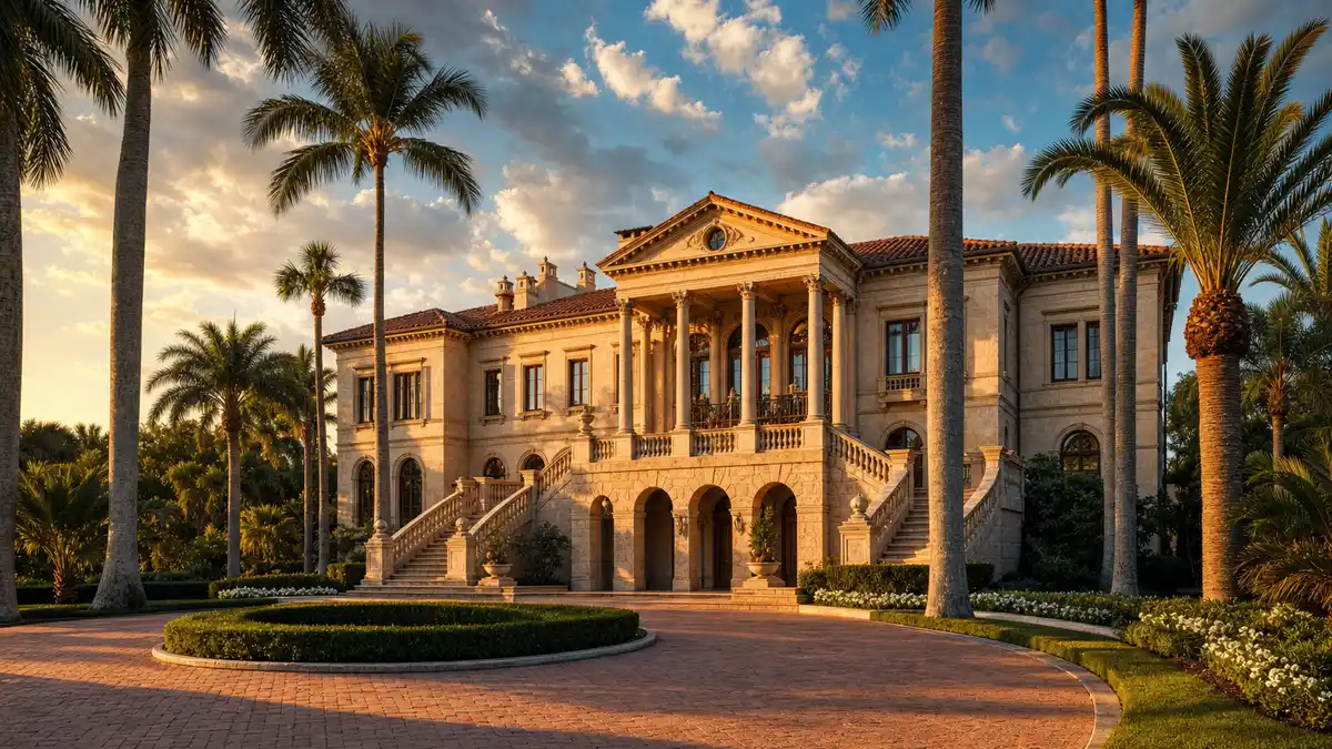 Mark Wahlberg house Florida Italian palazzo exterior with grand columns and palm-lined driveway