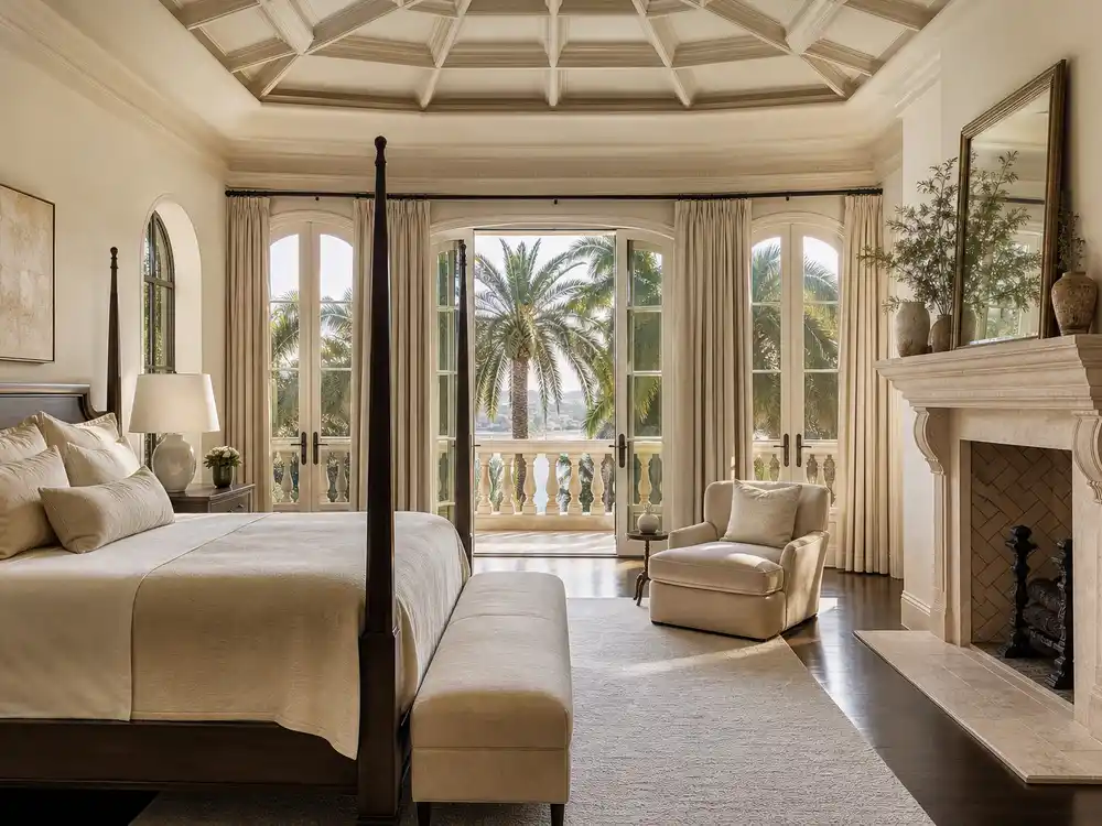 Mark Wahlberg house Florida primary suite with balcony and palm-tree estate views