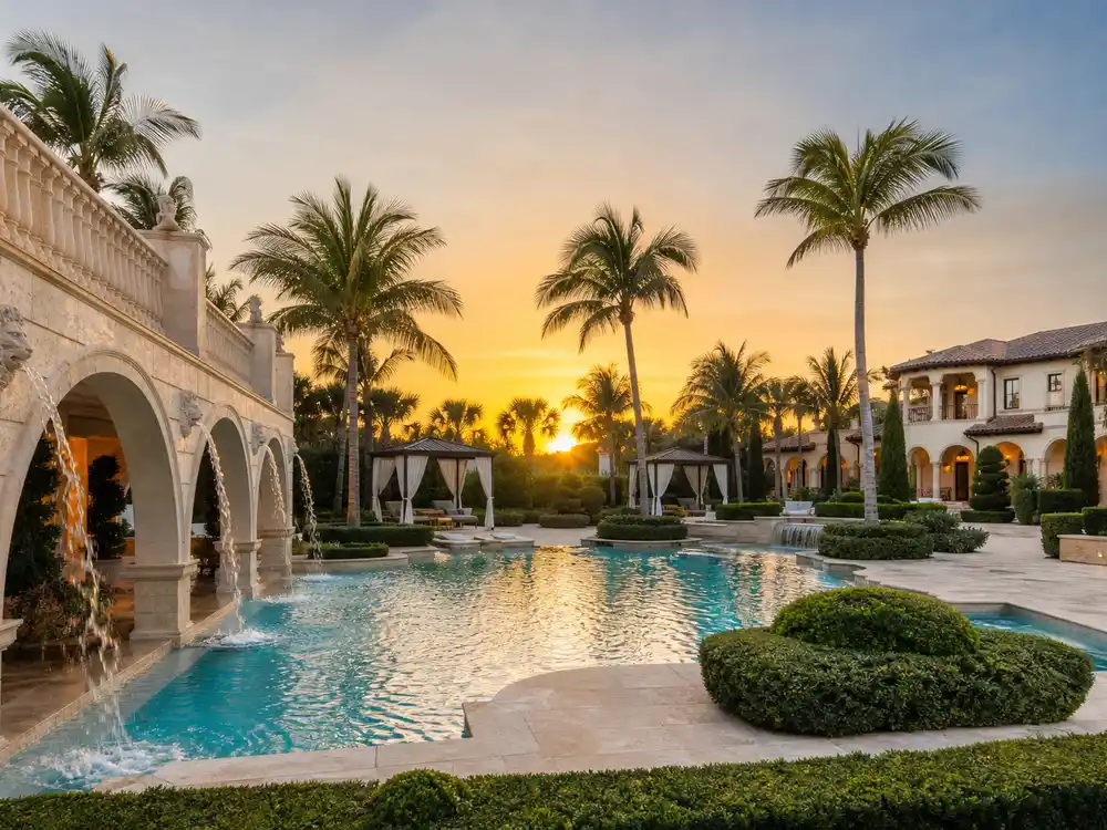 Mark Wahlberg house Florida resort-style pool with cabanas, palm trees, and stone deck