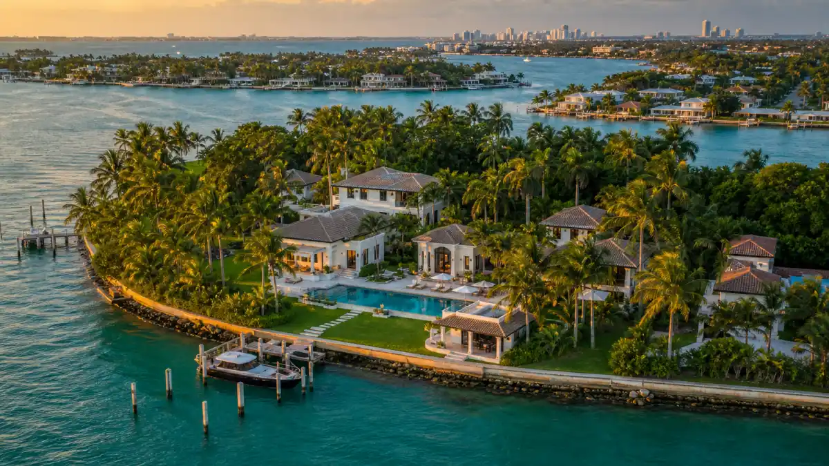 Aerial of an Indian Creek Village waterfront mansion that resembles the Mark Zuckerberg Indian Creek $170 million estate