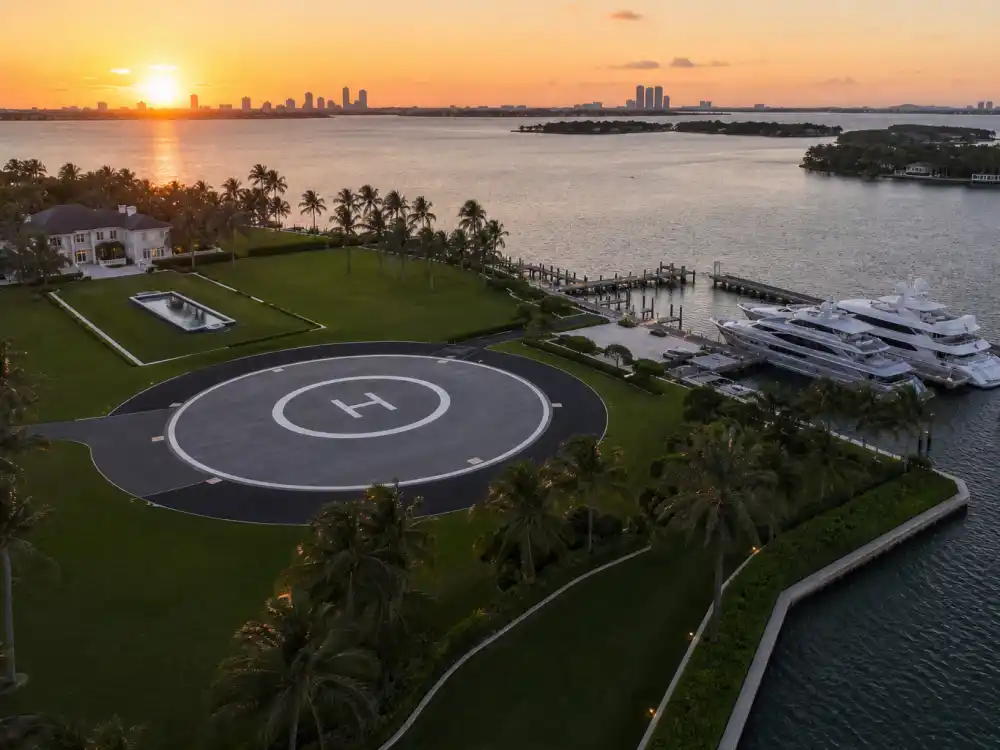 Private helipad and yacht dock at a Miami waterfront compound near the Mark Zuckerberg Indian Creek $170 million estate