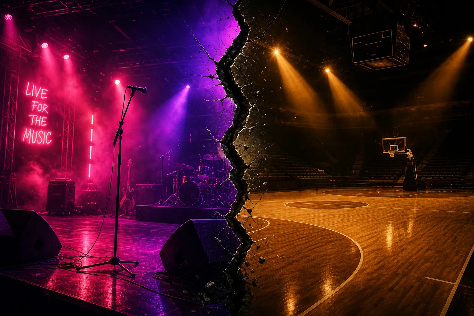 Megan Thee Stallion Klay Thompson breakup concept with music stage and basketball court