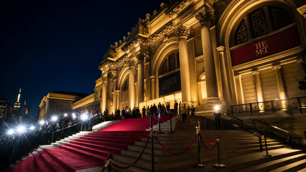 Met Gala 2026 red carpet at the Metropolitan Museum with photographers and spotlights