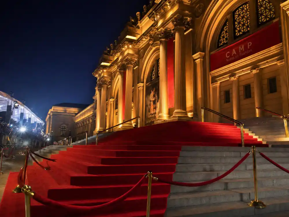 Met Gala staircase exterior where Sabrina Carpenter and Barry Keoghan made their red carpet debut in 2024
