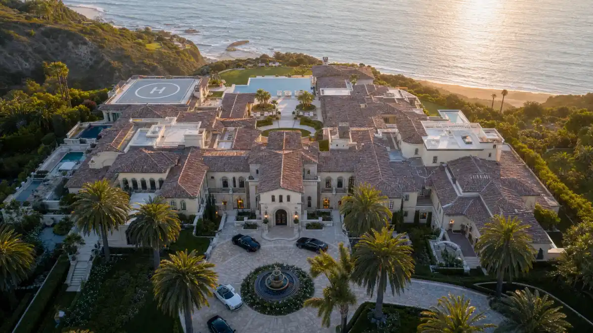 Aerial view of one of the most expensive celebrity homes — a Mediterranean mega-mansion with helipad and ocean view