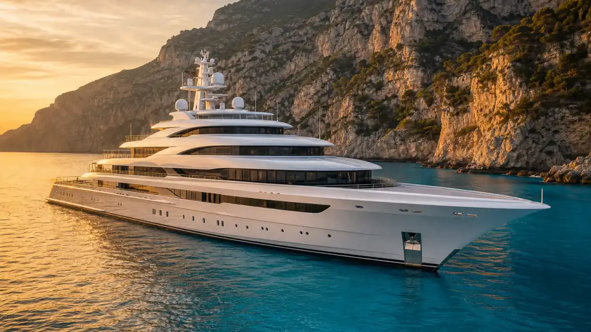 Massive 300-foot superyacht anchored in the Mediterranean representing the most expensive celebrity yachts in 2026