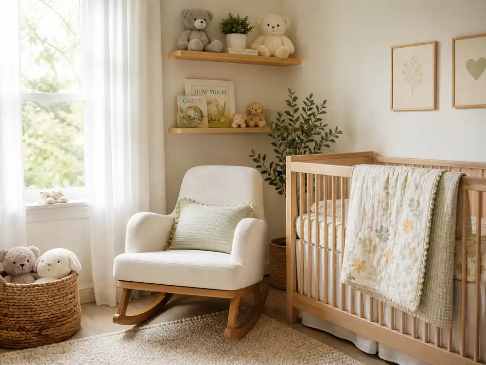 Beautiful baby nursery with rocking chair and crib prepared for Natasha Bure pregnant first child