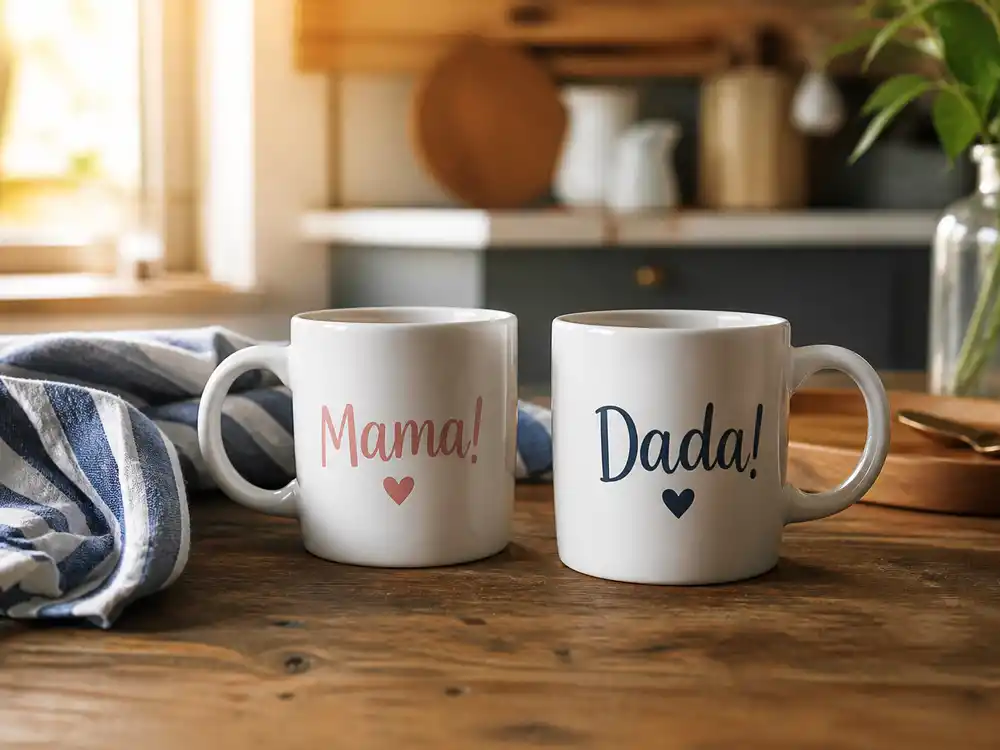 Matching Mama and Dada mugs used by Natasha Bure pregnant announcement with blue striped cloth