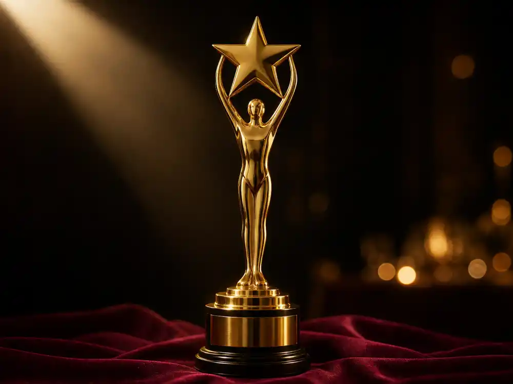 Golden award statuette on red velvet representing Emma Stone husband Dave McCary supporting her career