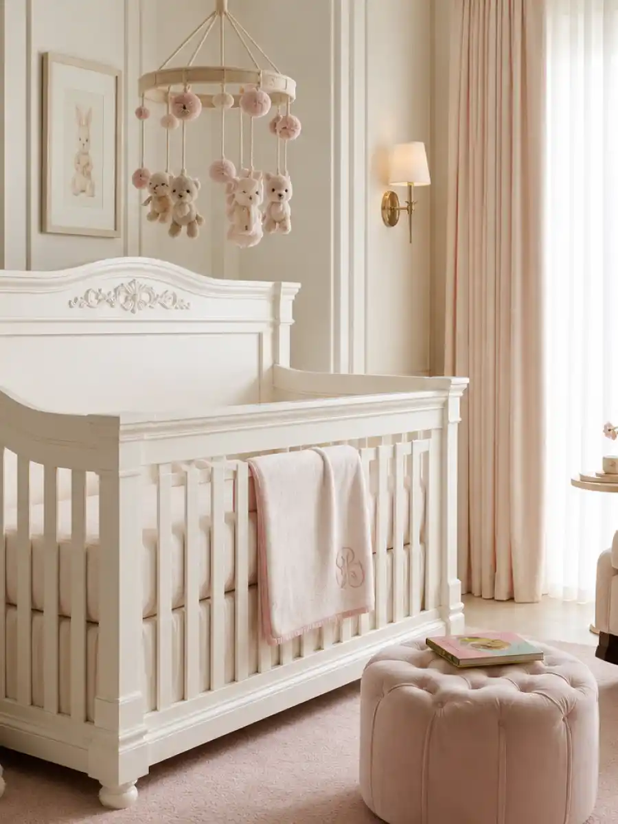 Luxury nursery scene representing Rihanna ASAP Rocky kids RZA and Riot Rose Mayers growing up in Los Angeles