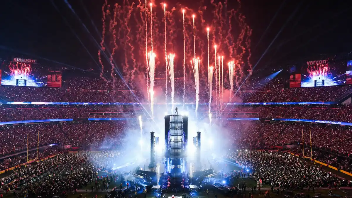 Super Bowl stadium halftime show stage with fireworks where Rihanna ASAP Rocky married rumors intensified