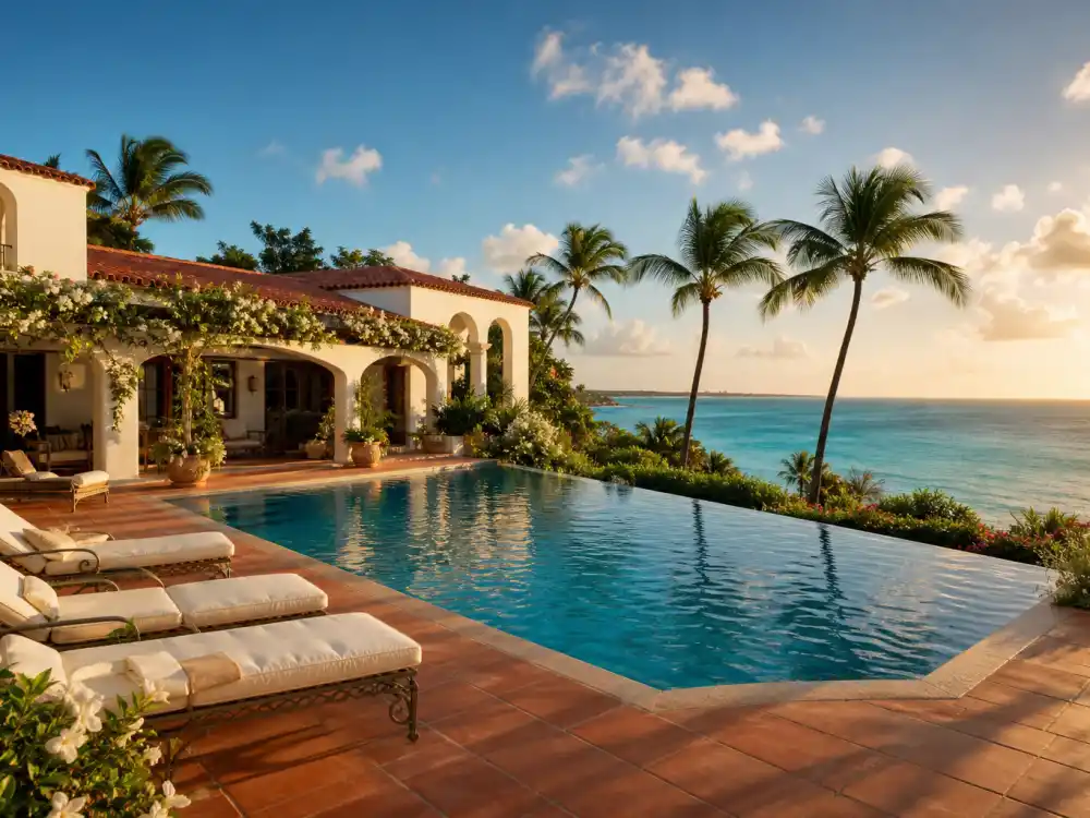 Cliffside Caribbean luxury villa with infinity pool overlooking turquoise ocean — the Barbados retreat where Rihanna lives at home