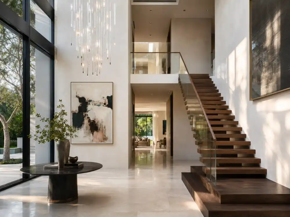 Double-height entry foyer with floating walnut staircase and cascading glass chandelier inside the Beverly Hills home where Rihanna lives