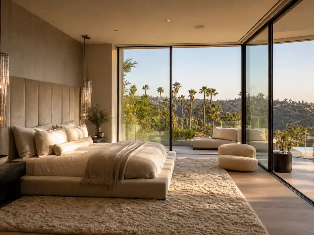 Master bedroom with floor-to-ceiling glass canyon view and velvet headboard inside the Beverly Hills mansion where Rihanna lives