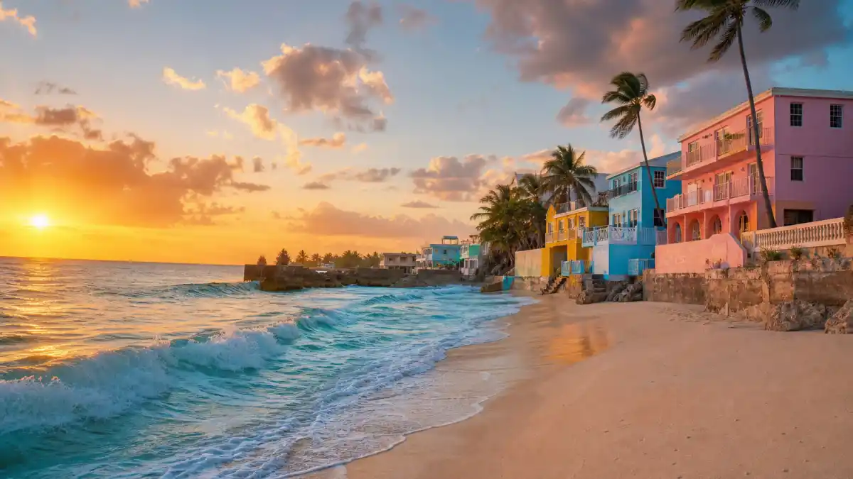 Colorful Caribbean beach at sunset representing Rihanna dating history timeline from Barbados to stardom