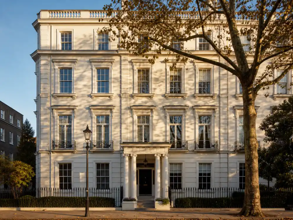 Cream-stuccoed Marylebone Georgian townhouse with columned portico — the London home where Rihanna lives in the UK