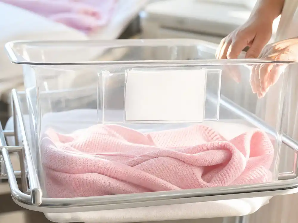 Rocca de Leon Duhamel newborn coverage shown with a pink blanket in a hospital bassinet.