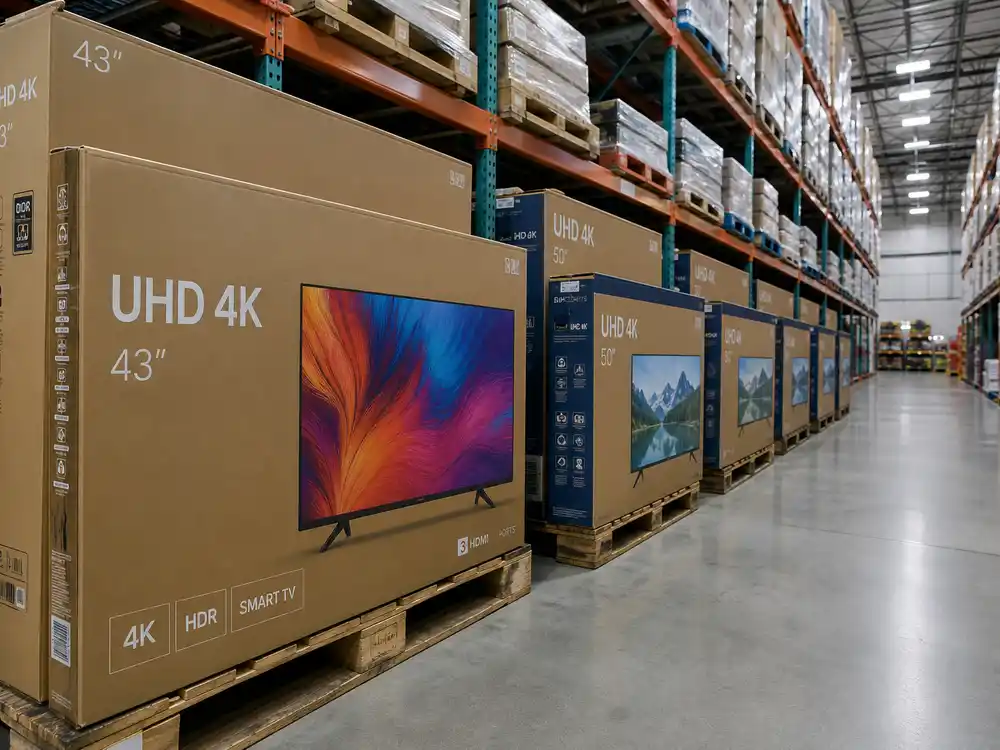 Samsung TV packaging boxes stacked in warehouse aisle where celebrity photo was allegedly used