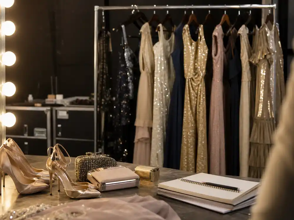 Selena Gomez Benny Blanco celebrity style conversation represented by a wardrobe rack of gowns.
