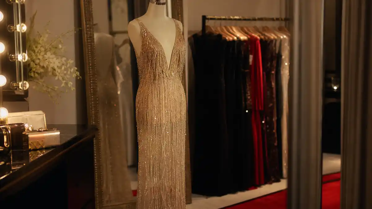 Selena Gomez Benny Blanco fashion story represented by an elegant fringed gown on a mannequin.