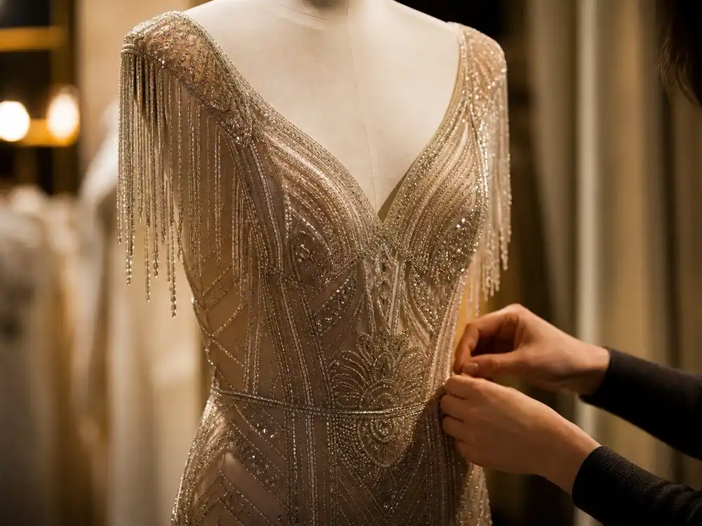 Selena Gomez Benny Blanco style discussion shown through a close detail of a sparkling gown.