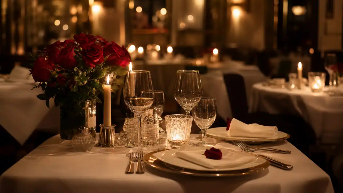Romantic candlelit dinner setting representing the Selena Gomez Benny Blanco relationship timeline