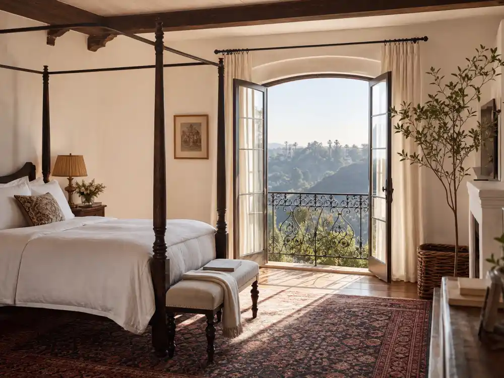 Master bedroom with Juliet balcony and Hollywood Hills view at the Beverly Hills mansion where Selena Gomez lives