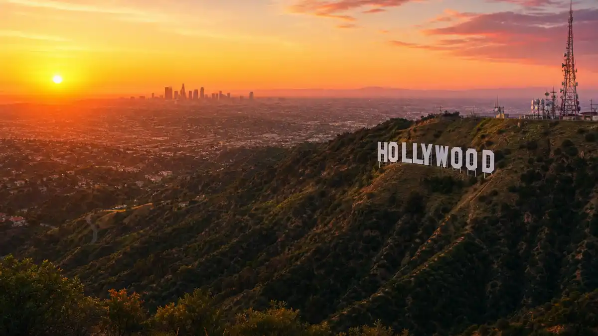 Hollywood sign at golden hour representing Selena Gomez dating history in Los Angeles