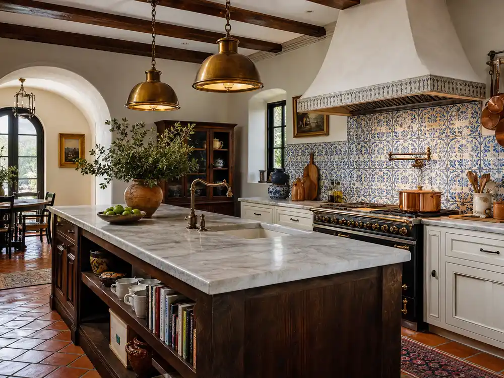Selena Gomez house Beverly Hills chef kitchen with white marble island and brass fixtures