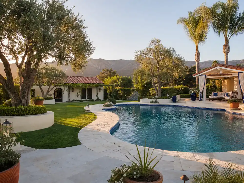 Selena Gomez house Beverly Hills pool with hand-painted Spanish tile and palm trees