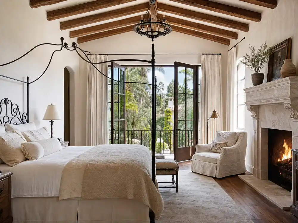 Selena Gomez house Beverly Hills primary suite with stone fireplace and beamed ceiling