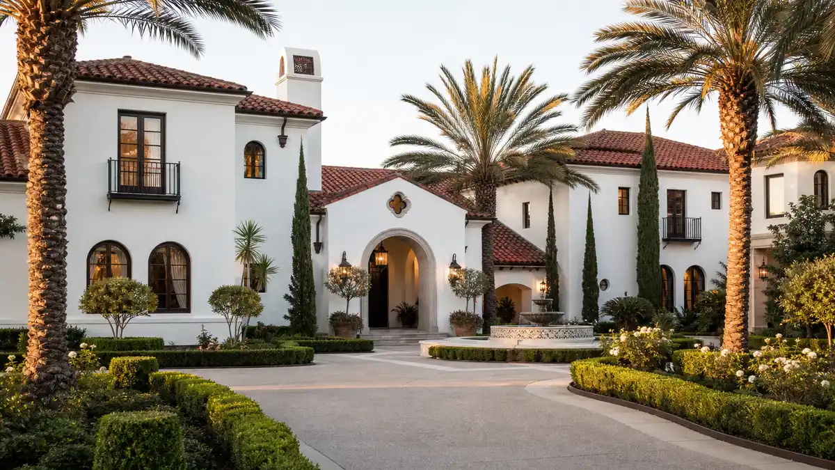 Selena Gomez house Beverly Hills Spanish Colonial Revival exterior at golden hour