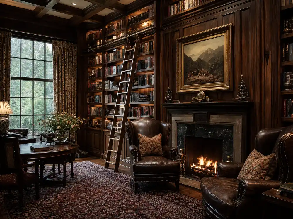 Selena Gomez house Beverly Hills walnut paneled library with stone fireplace