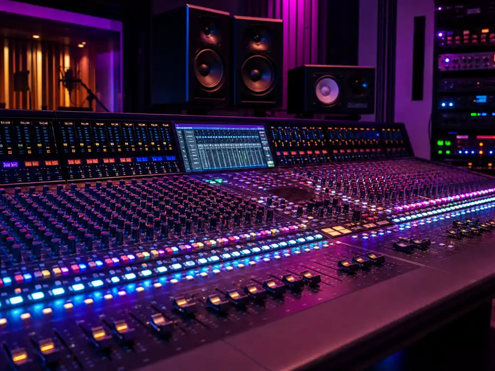 Music studio mixing console with colorful lights symbolizing Selena Gomez relationships with musicians
