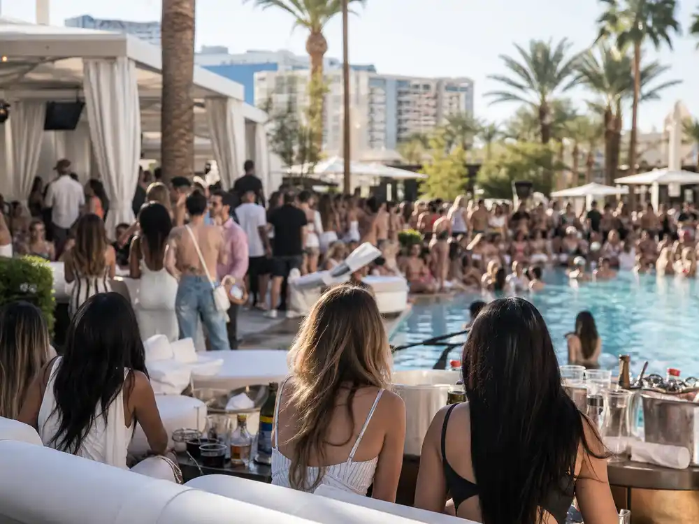 Sofia Vergara Vegas party context with an upscale Las Vegas pool club crowd.