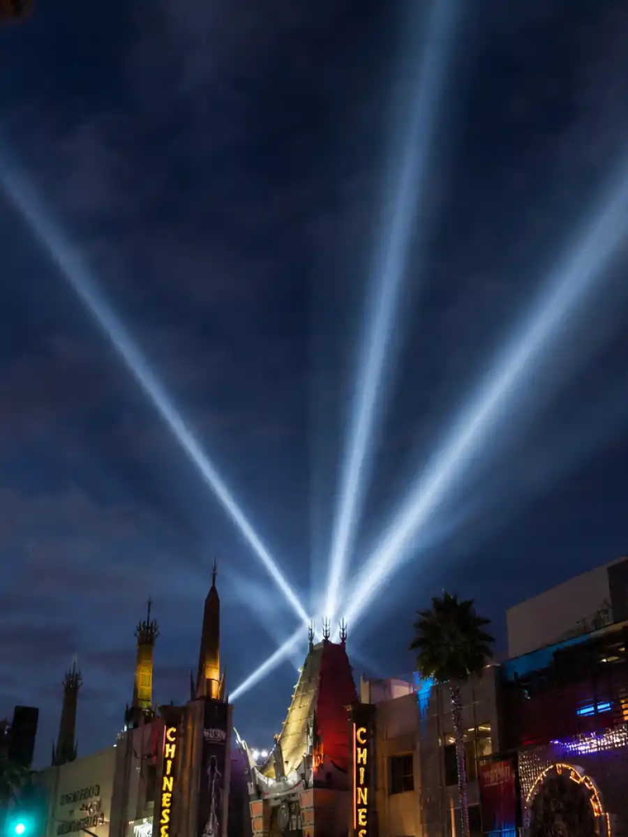 Premiere searchlights representing the Sydney Sweeney Scooter Braun relationship in Hollywood
