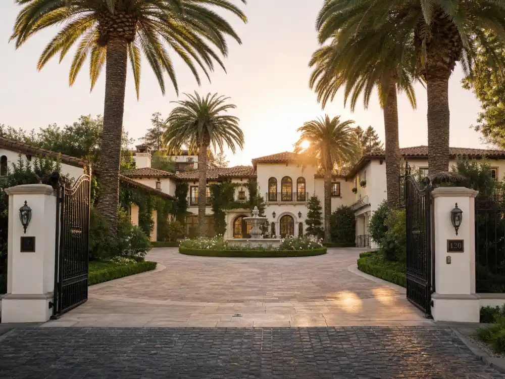 Spanish style Beverly Hills mansion with palm trees and fountain — where Taylor Swift lives on the West Coast