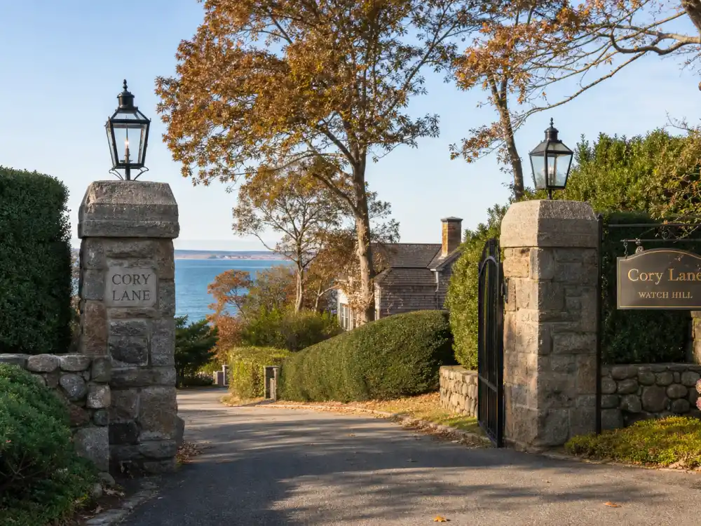 Stone pillared private entrance to Cory Lane in Watch Hill where Taylor Swift lives in summer