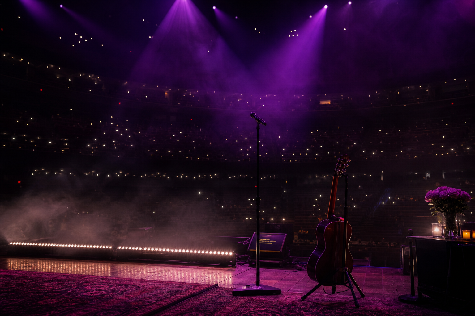 Concert stage with romantic purple lighting evoking the Taylor Swift dating history through music
