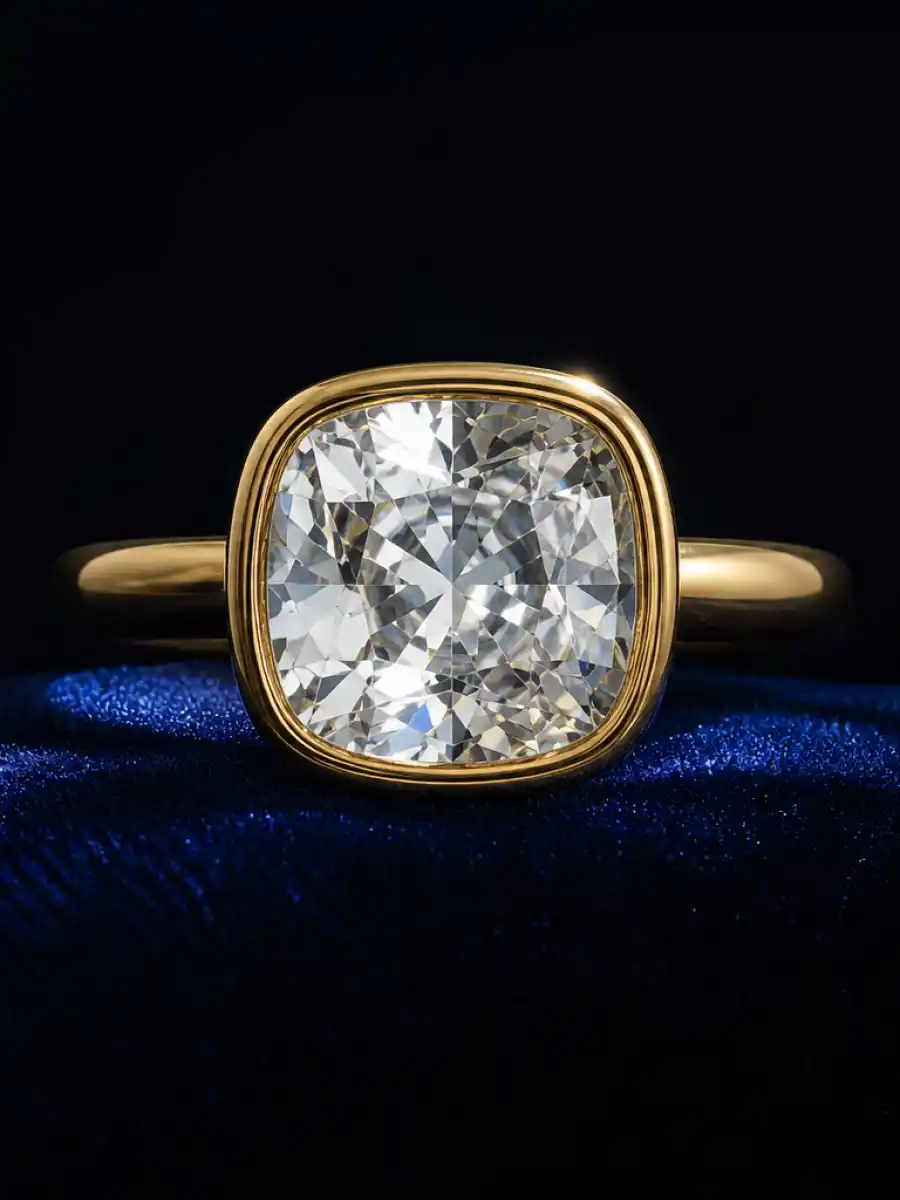 Close-up of a cushion-cut diamond ring on blue velvet representing the Taylor Swift engagement ring