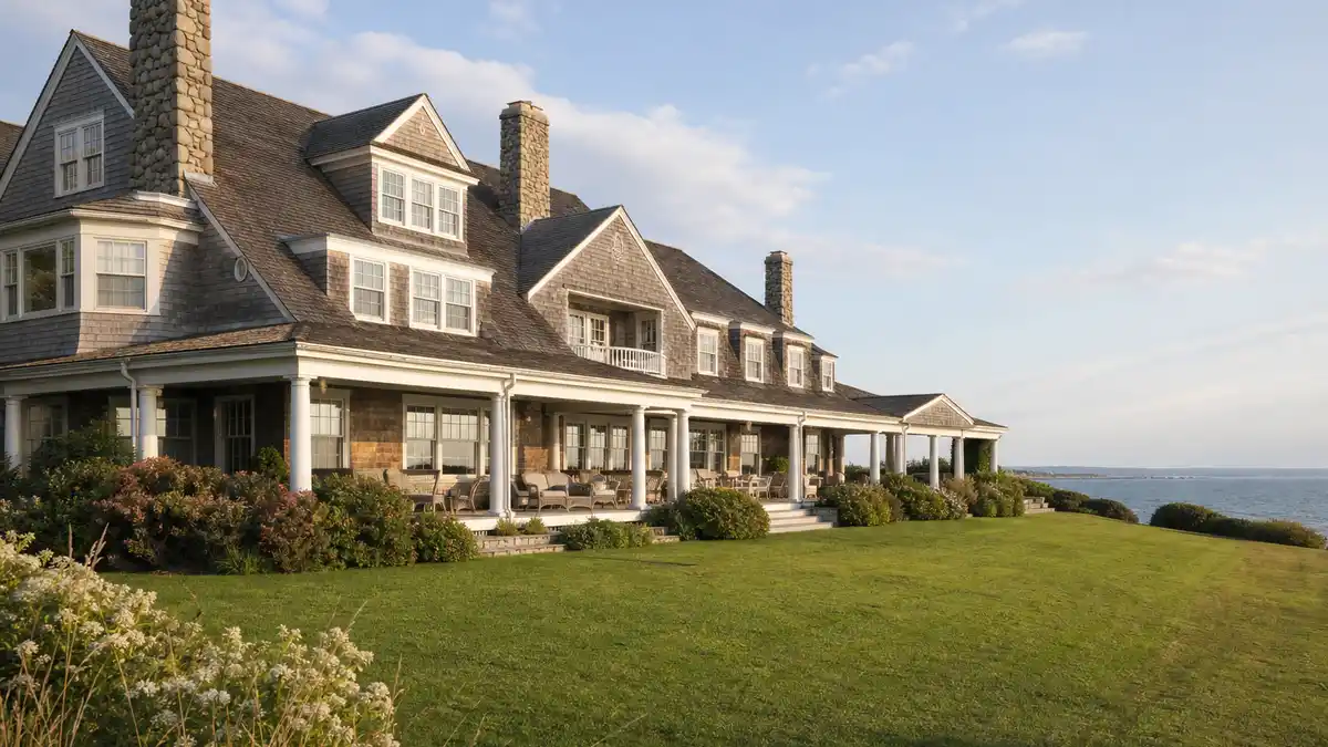 Taylor Swift houses portfolio hero with Watch Hill Rhode Island oceanfront mansion exterior at sunset