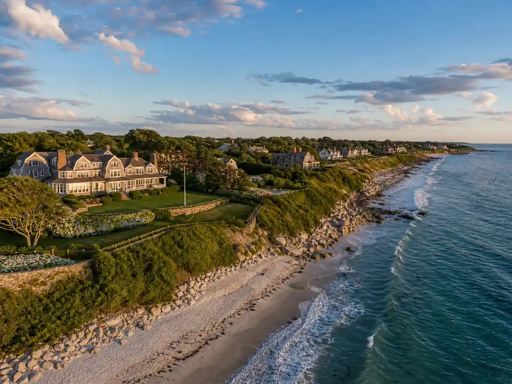 Taylor Swift houses portfolio aerial view of Watch Hill Rhode Island High Watch oceanfront mansion compound