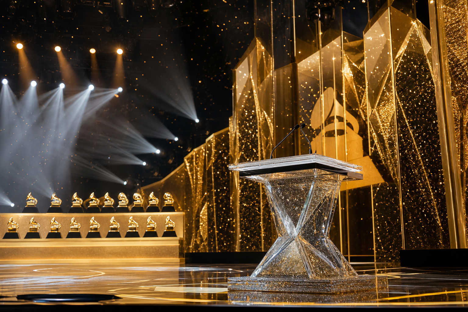 Award show stage backdrop representing Taylor Swift relationships and music achievements