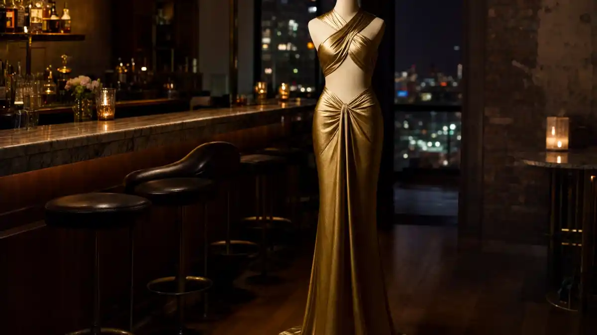 Gold evening dress styled for a Taylor Swift Travis Kelce NYC dinner fashion report.